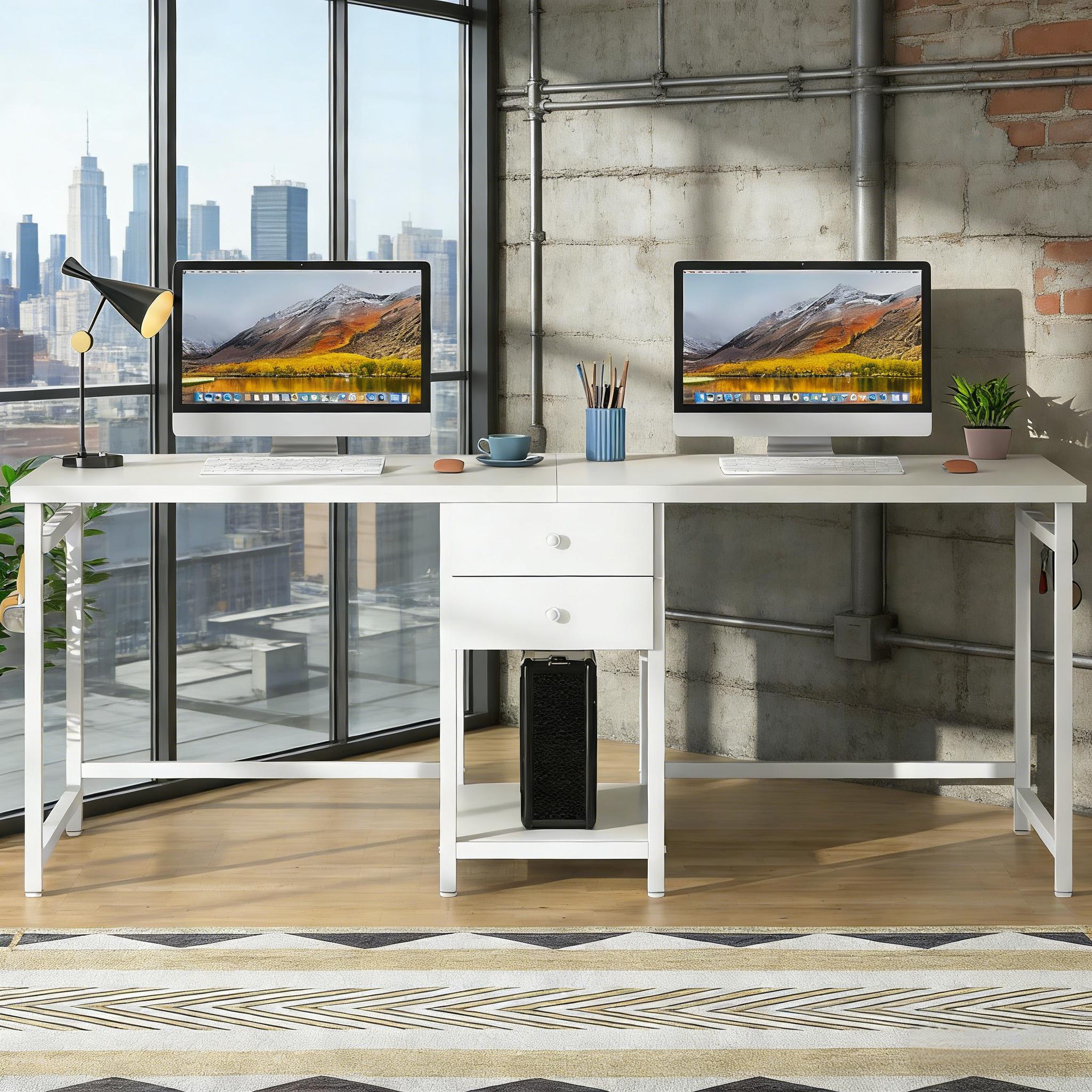 Industrial Double Desk For Two With Drawers For Home Office_voghion.com